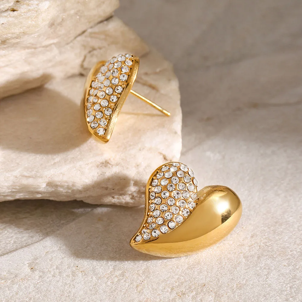 Luxury fashion 18K gold stainless steel half smooth half encrusted zircon love jewelry earrings for women