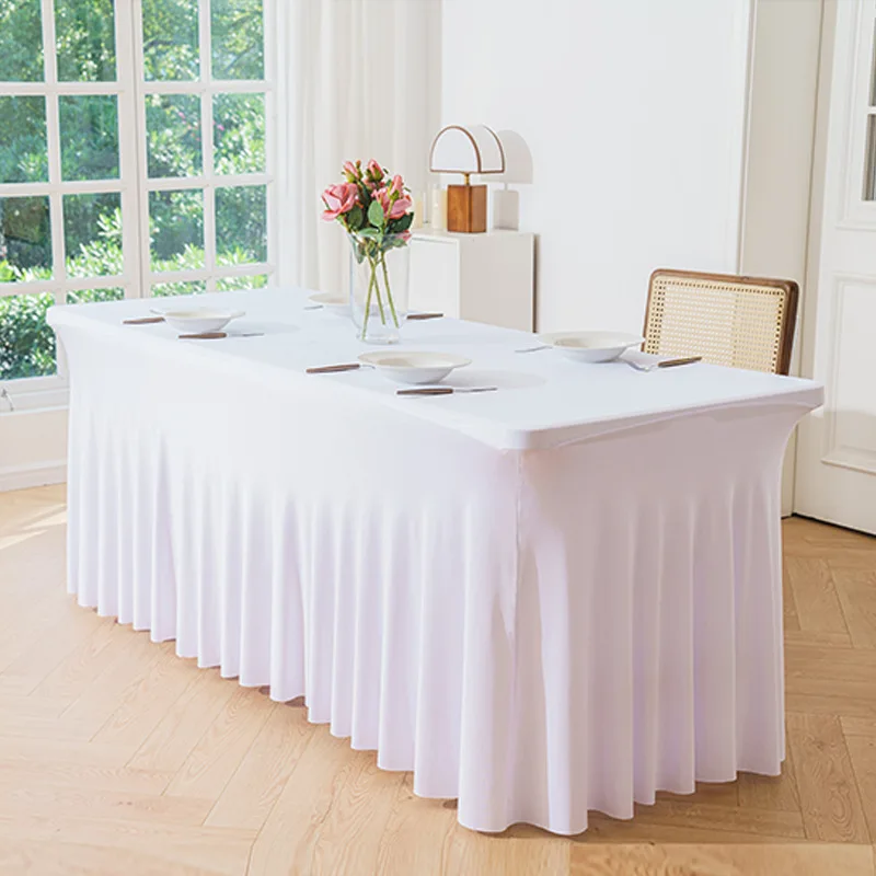 Stretch Custom Size Rectangular White Ruffle Table Cover With Skirt For Wedding Decoration