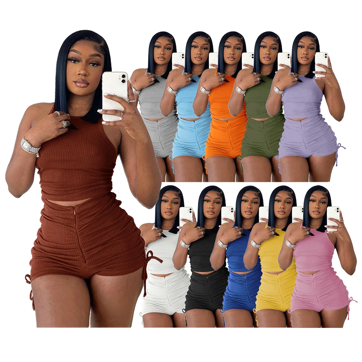 2024 Spring Summer Women 2 Piece Tank Top and Shorts Set Pleated Design Casual Sexy Club Outfit Two 2 Piece Et