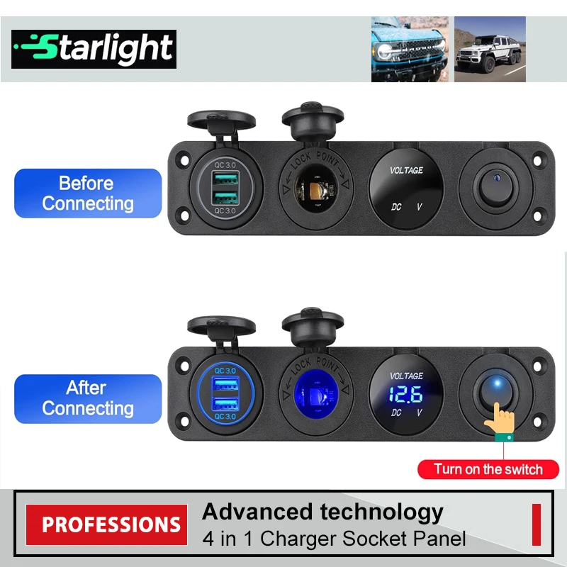 4 in 1 Charger Outlet Socket Panel with Dual QC 3.0 12V USB Power Outlet Voltmeter Gauge Cigarette Lighter Socket ON Off Switch