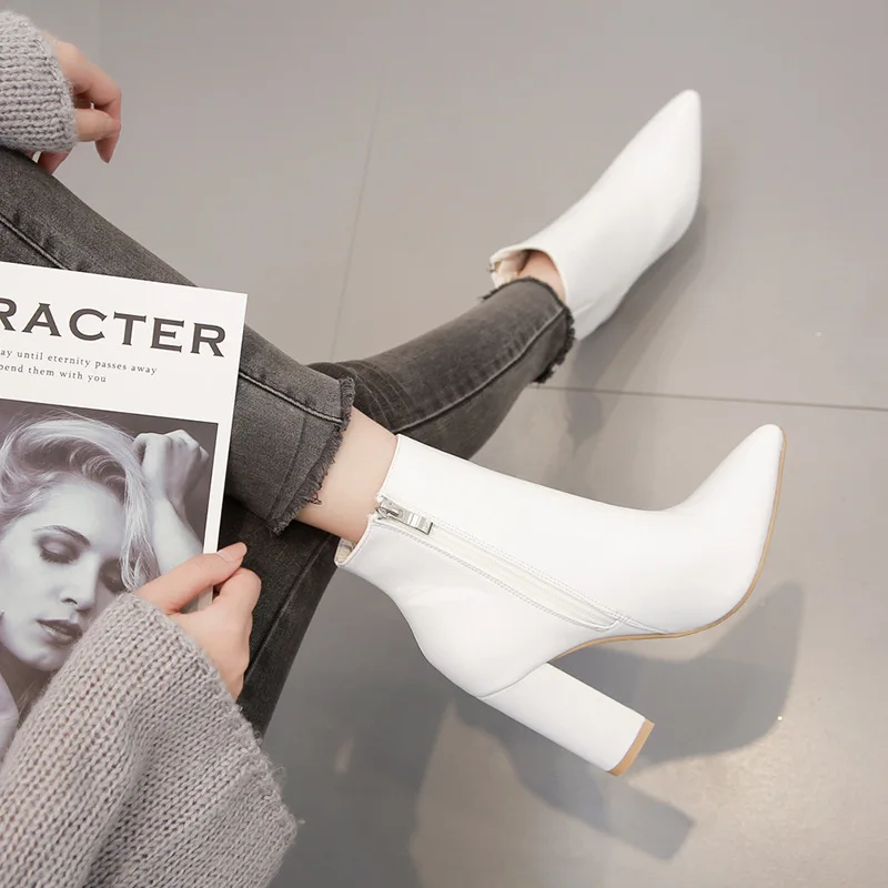 JANHE bottes femmes botas de mujer Elegant Shoes Ladies Pointed White Leather Chunky High Heel Ankle Short Women Boots