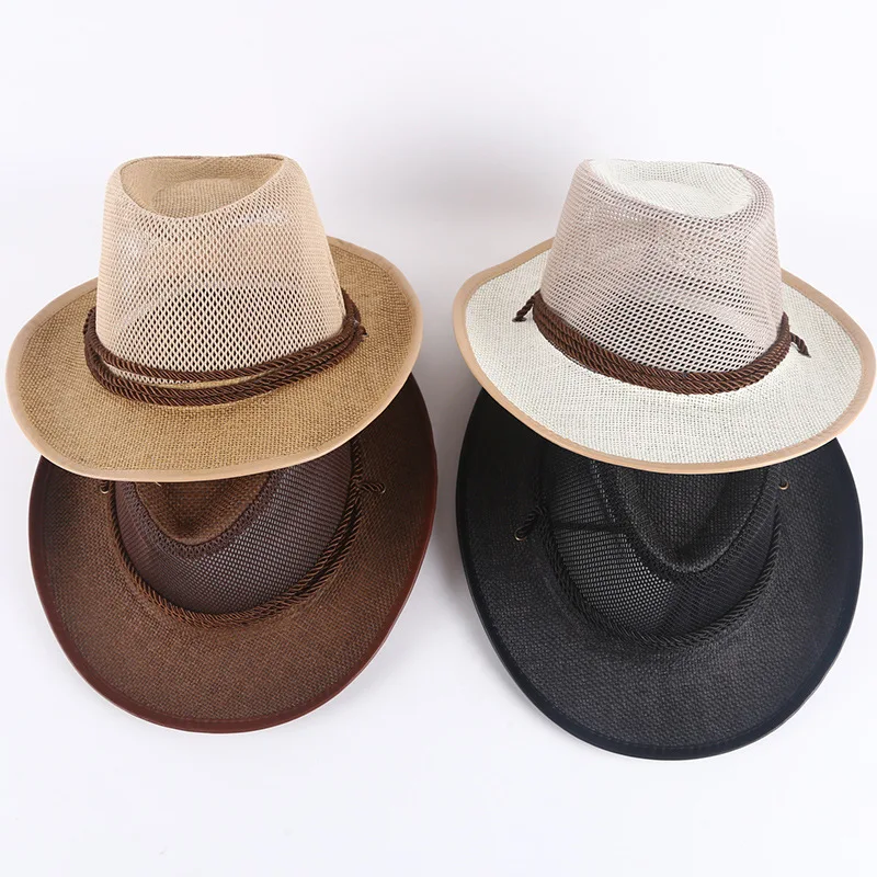 Summer Outdoor Full Mesh Straw Hats For Men Beach Hat Western Cowboy Hat