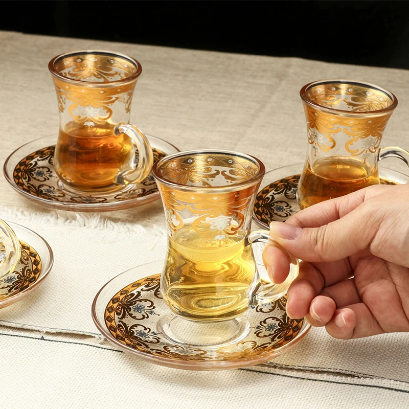 Hot Selling 150ml Gold Pattern Turkish Clear Glass Cup Retro Handle Tea Coffee Cup Mug for Home