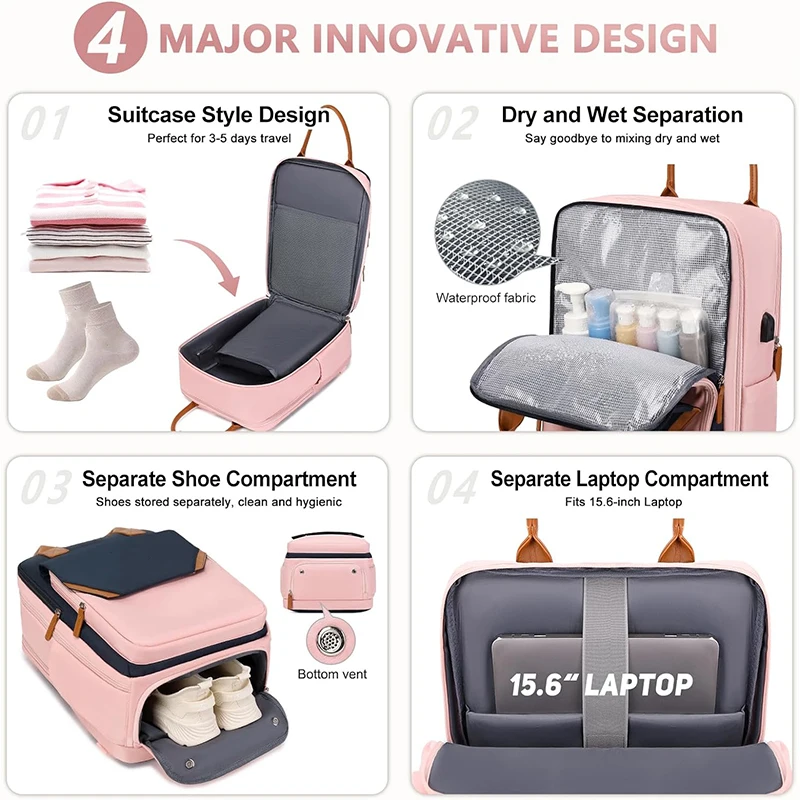 Separate shoe compartment wet bag convenient USB port comfortable breathable laptop backpack for women men.