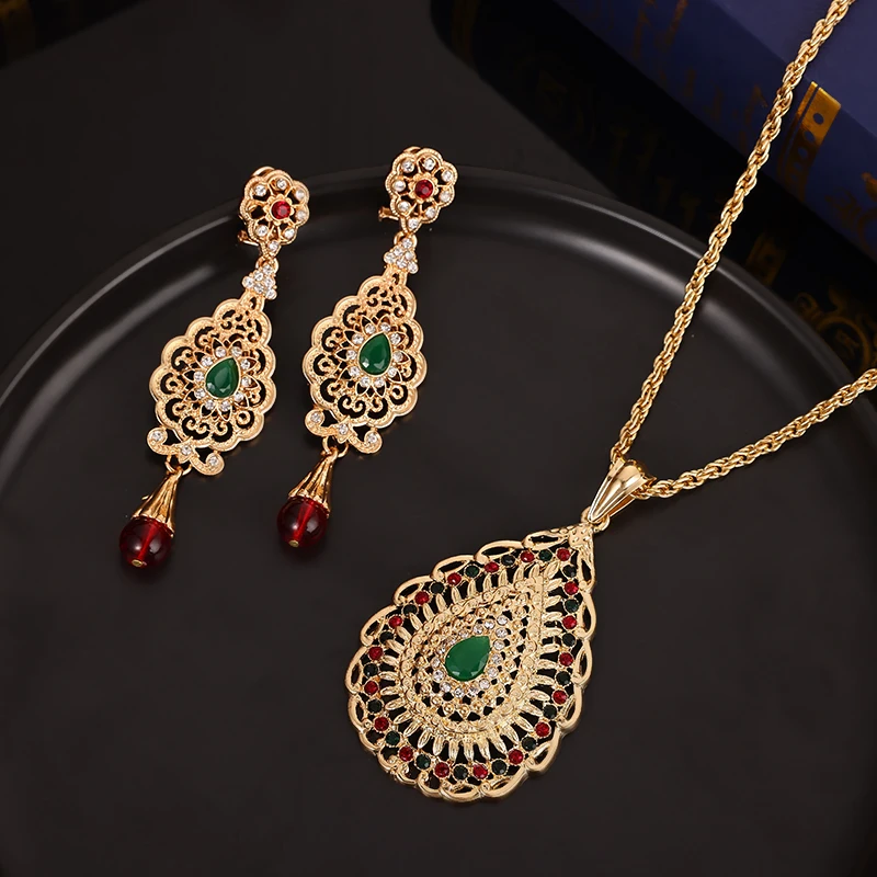 Morocco Jewelry Set Water Drop Crystal Big Pendant Necklace Earring Luxury Metal Wedding Jewelry Algerian Party Caftan Jewelry