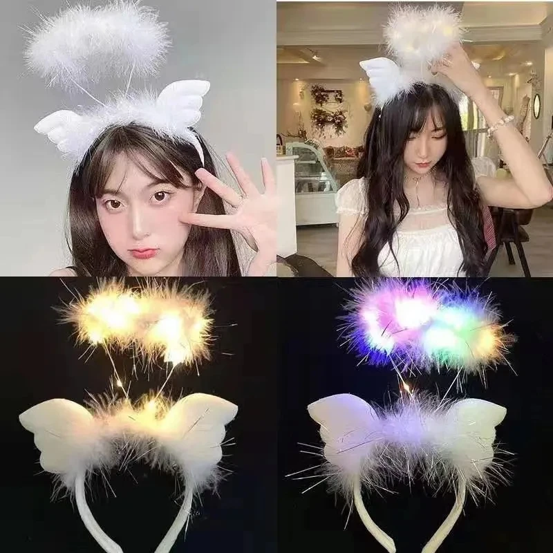Wholesale Bridesmaid Wedding Party Show Girls LED Light Angle fur Headband Women Toy Plush Flashing Wing LED Headband Headpiece