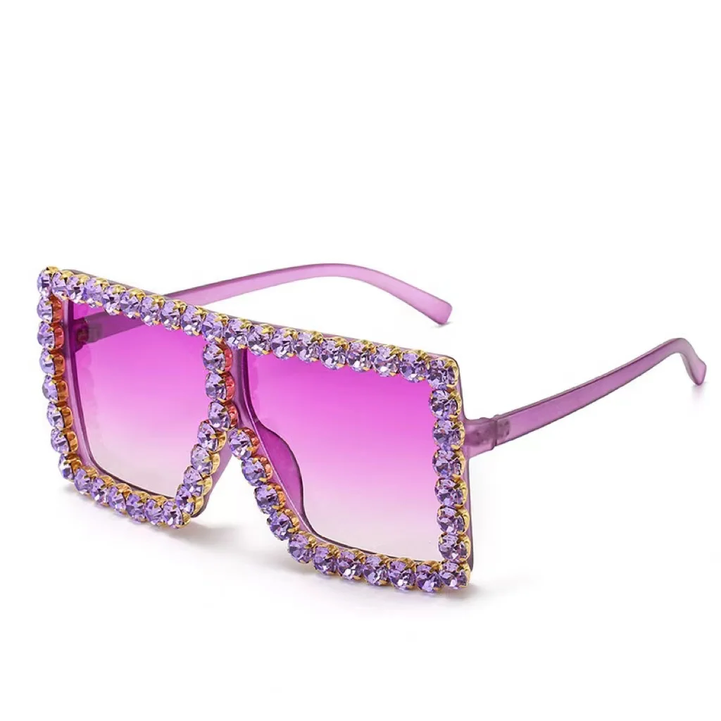 Fashion Square Rhinestone Sunglasses for Ladies Large Frame Color Lenses Sun Glasses Diamond Glasses
