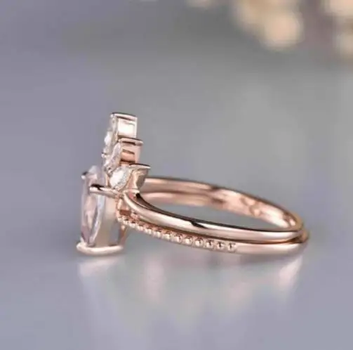 Rose Gold Plated Dainty Zirconia CZ Pear Cut Moonstone Engagement Band Ring Set 925 Sterling Silver Natural Moonstone Ring Set