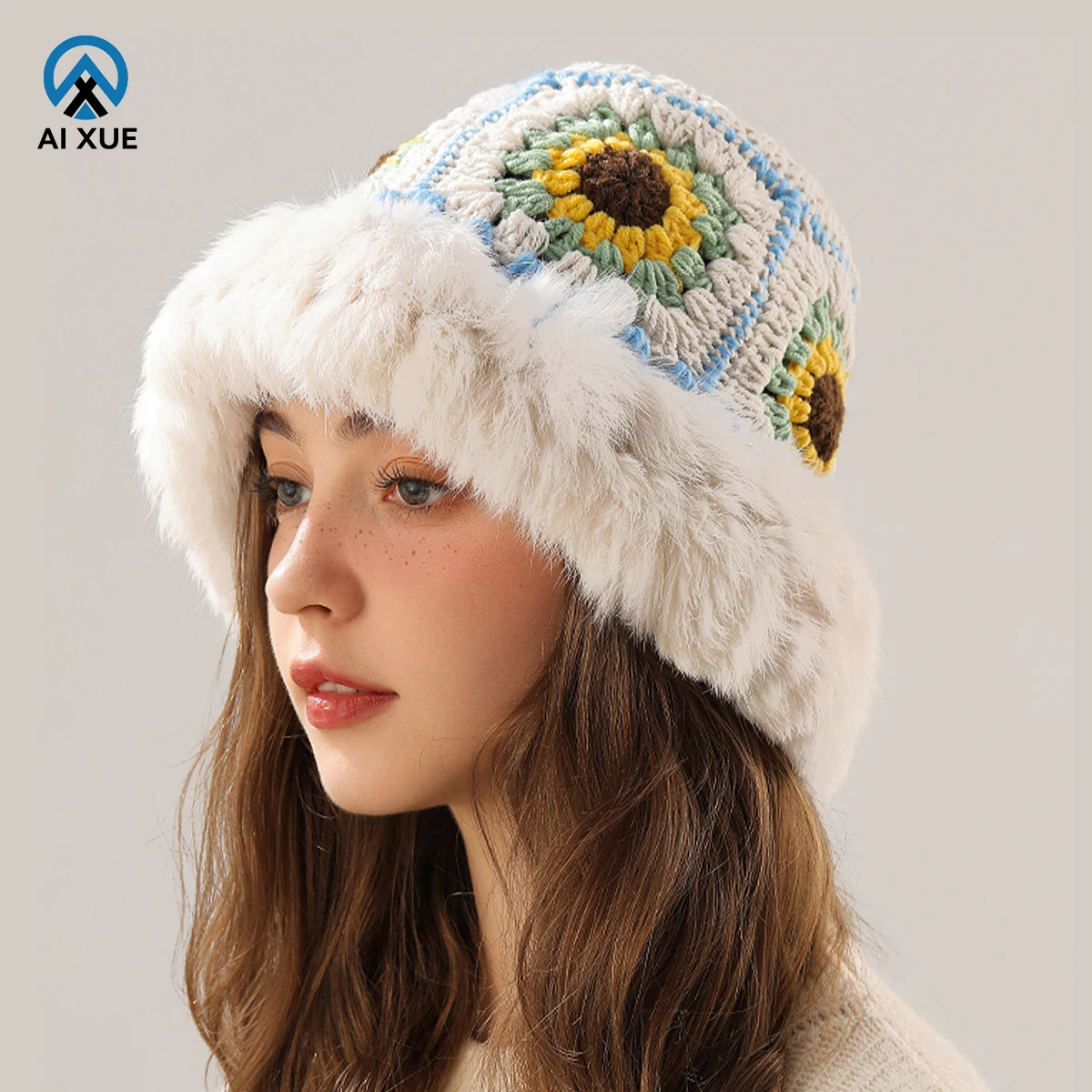 2025 New Autumn/Winter Sunflower Plush Bucket Hat Fabric Knitted Crochet Hat with Cute Thick Fur Outdoor Sports Skiing Fishing