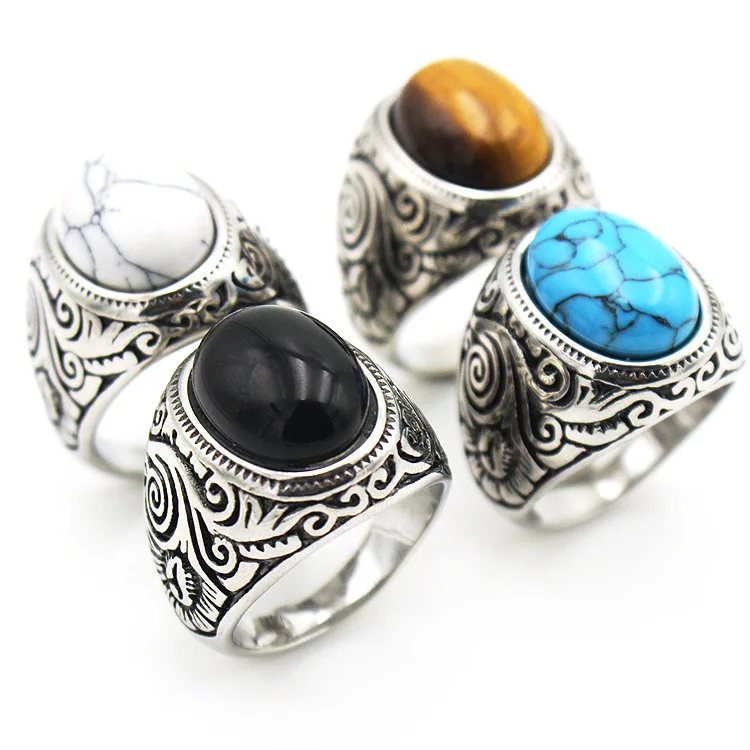 VAF Jade Emerald Onyx Stainless Steel Big Blue Black Tiger Eye Raw Natural Mens Moonstone Moon Stone Opal Rings