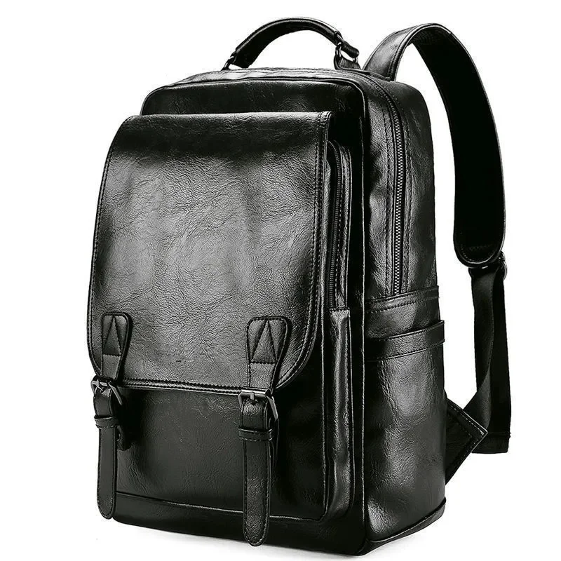 PU Leather Travel Men Backpack Casual Business Leather Backpack Computer Schoolbag Trend Large Capacity Student Male AY Black