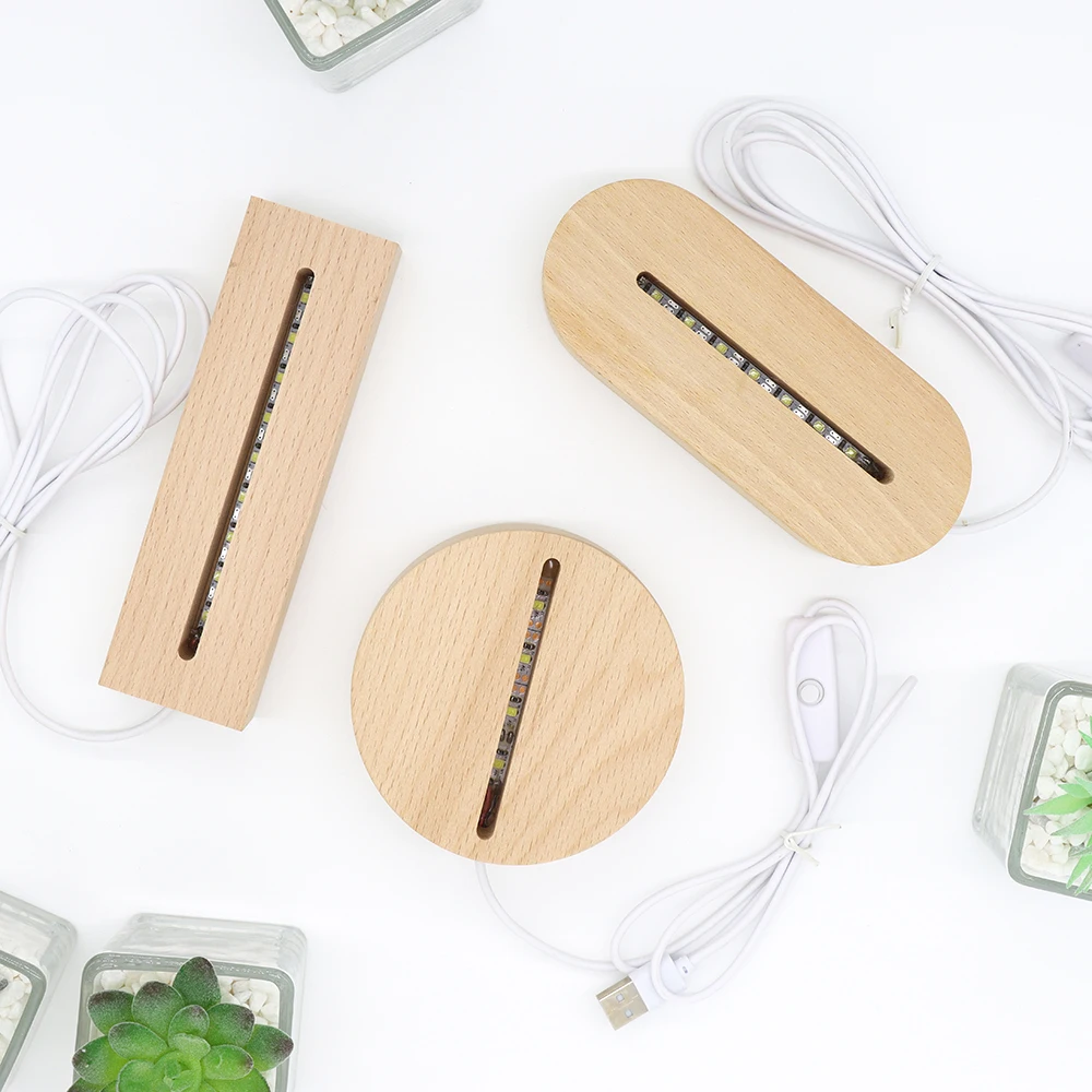 USB Wooden Base Lamp Led 3D Night Light Round Oval Wood Base For Acrylic