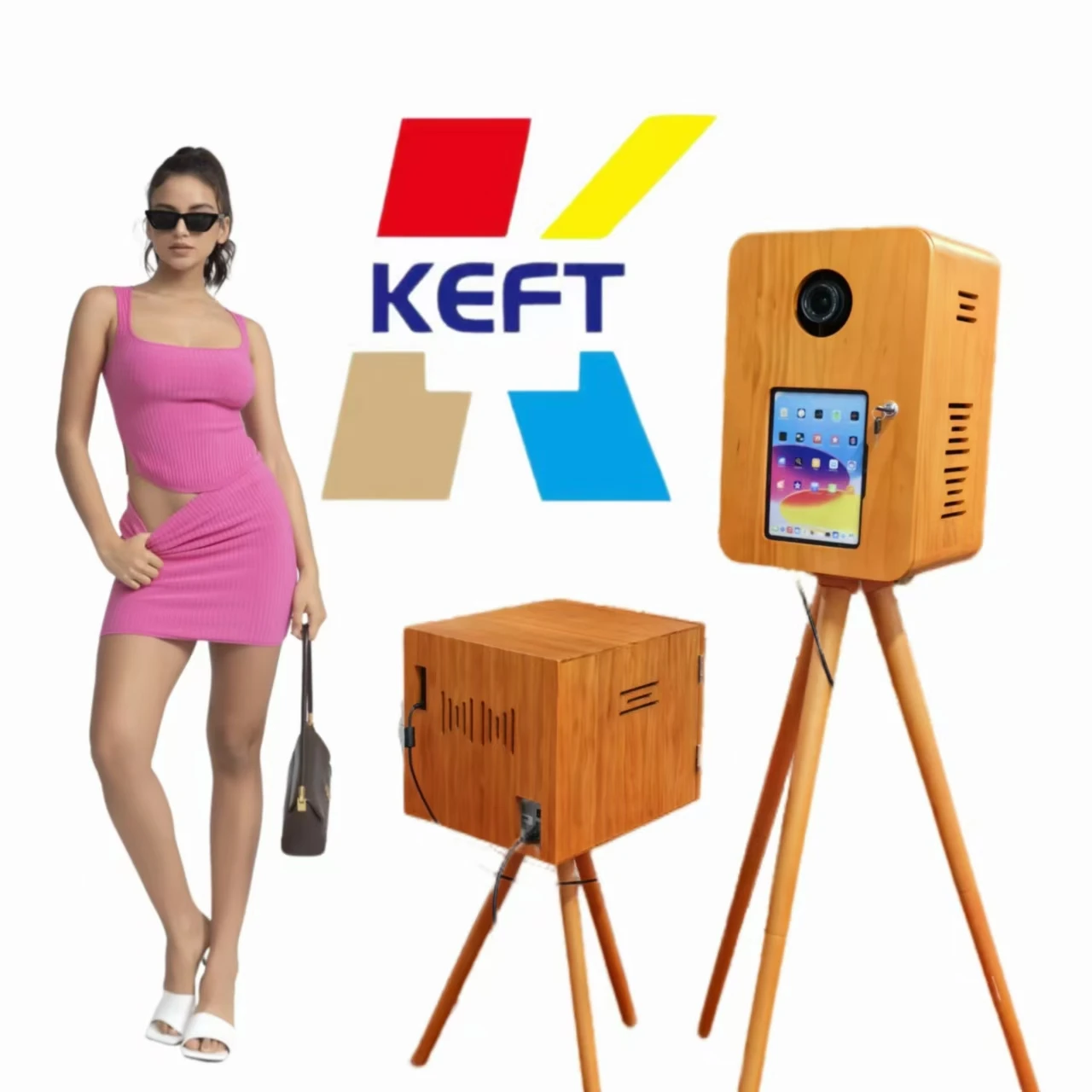 Hot selling double-sided iPad, SLR camera photo booth practical retro wooden photo booth