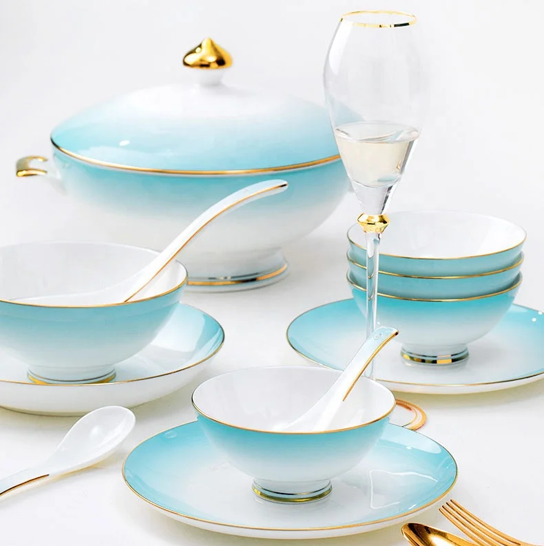 Ceramic tableware Gradual blue dishes Set high-grade bone china tableware 60 head wholesale gifts Home