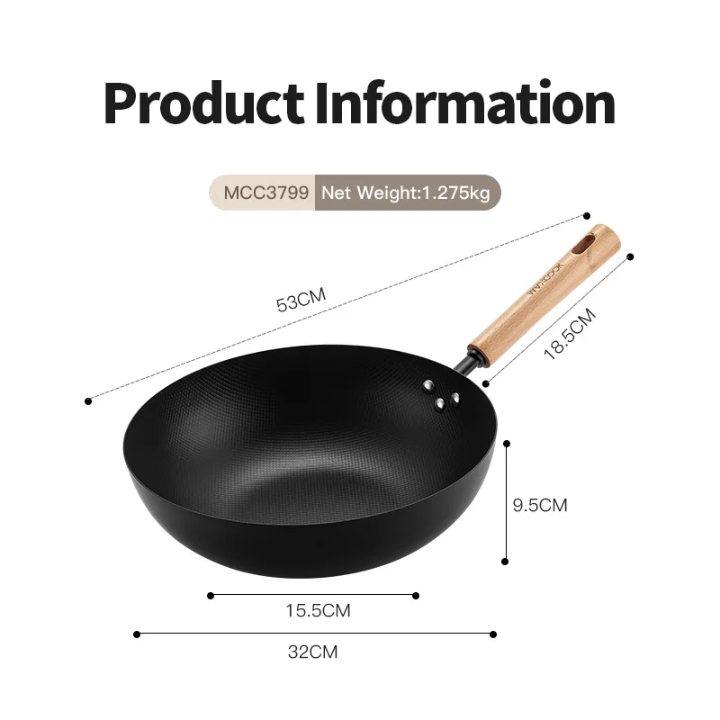 2023 Factory Wholesale Pre Seasoned 32CM Wok Chinese Traditional Handmade Wok For Kitchen Pan Wooden Handle For Gas Cookware