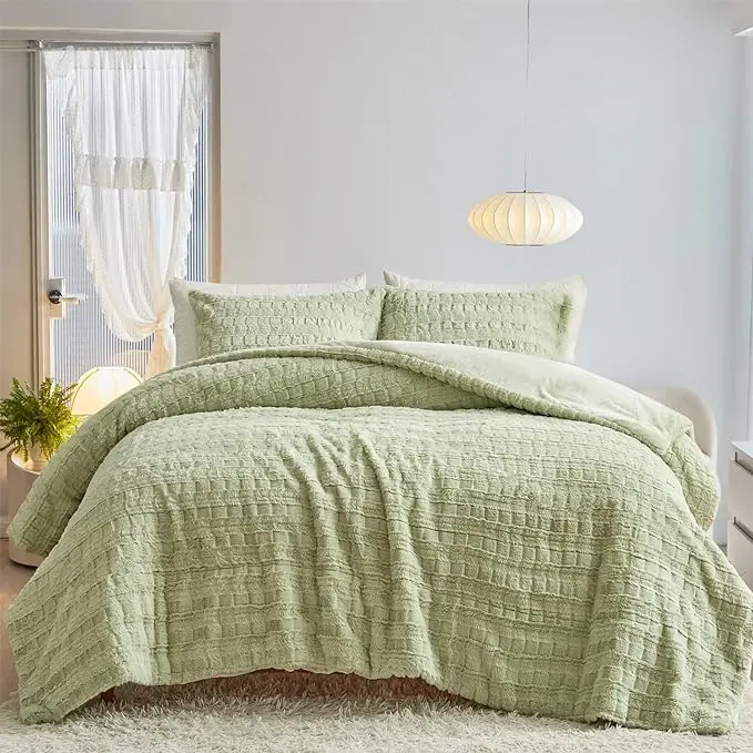 Faux Rabbit Fur Duvet Cover Set Super Soft Furry Comforter Cover Set Luxury Cozy Cross Pattern Plush Fuzzy 3Pcs Bedding Set