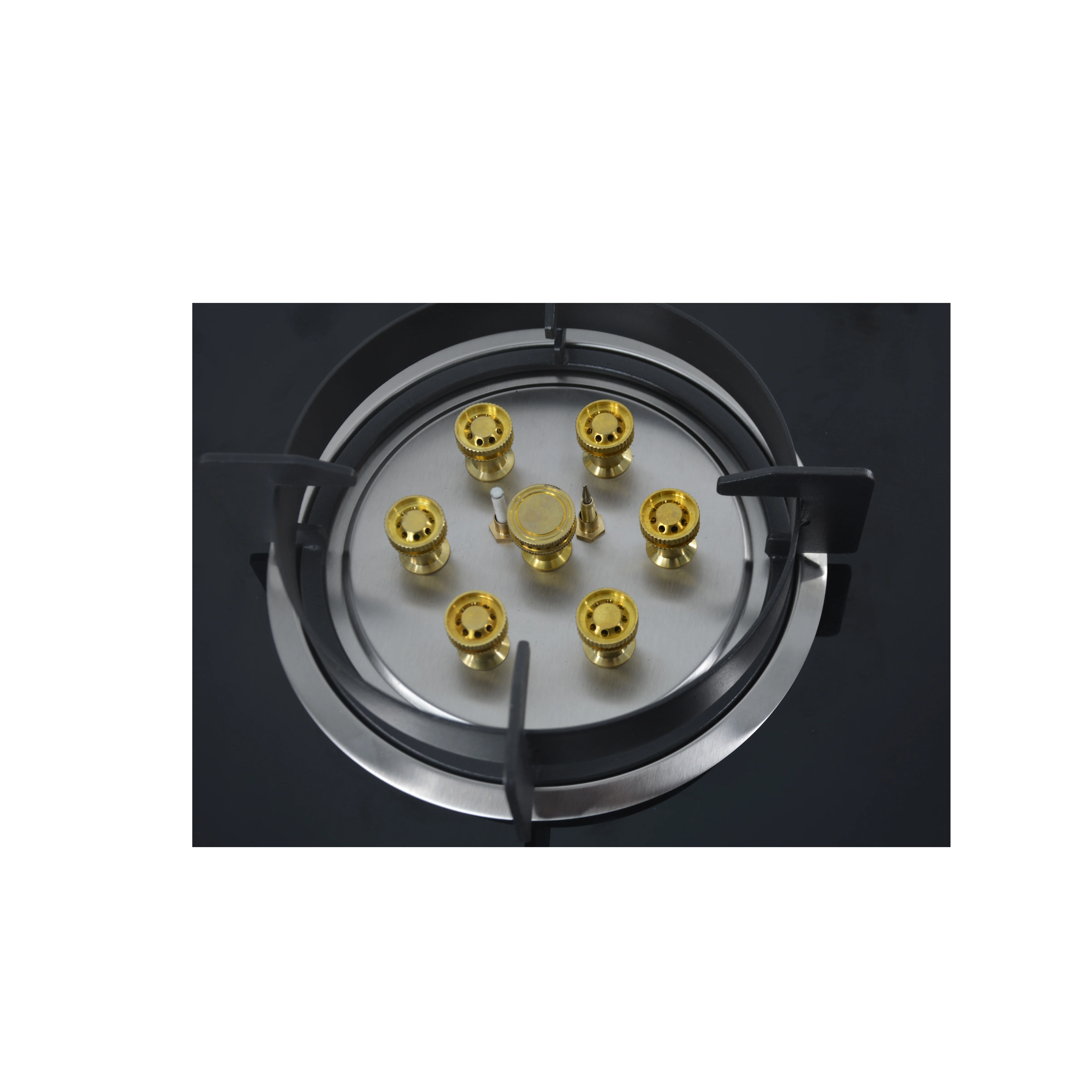 Black Kitchen Gas Cooktop with Glass Panel and Manual Ignition for Home & Hotel Use Features Ceramic Surface and 5 Cookware