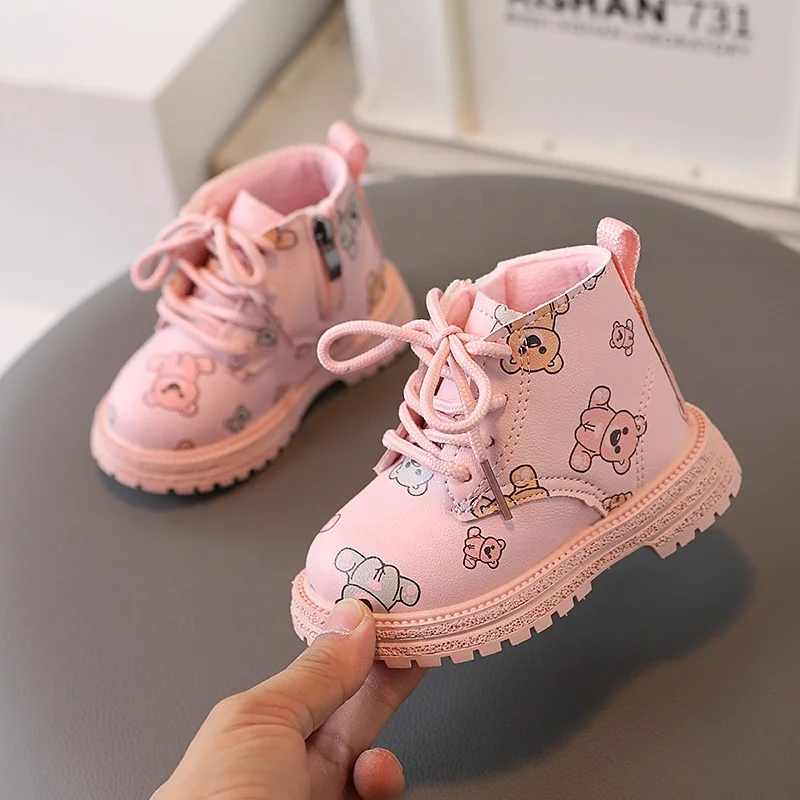 2024 fall and winter new two cotton warm female baby thin velvet lace-up leather boots boys mid-top boots cute bear short boots