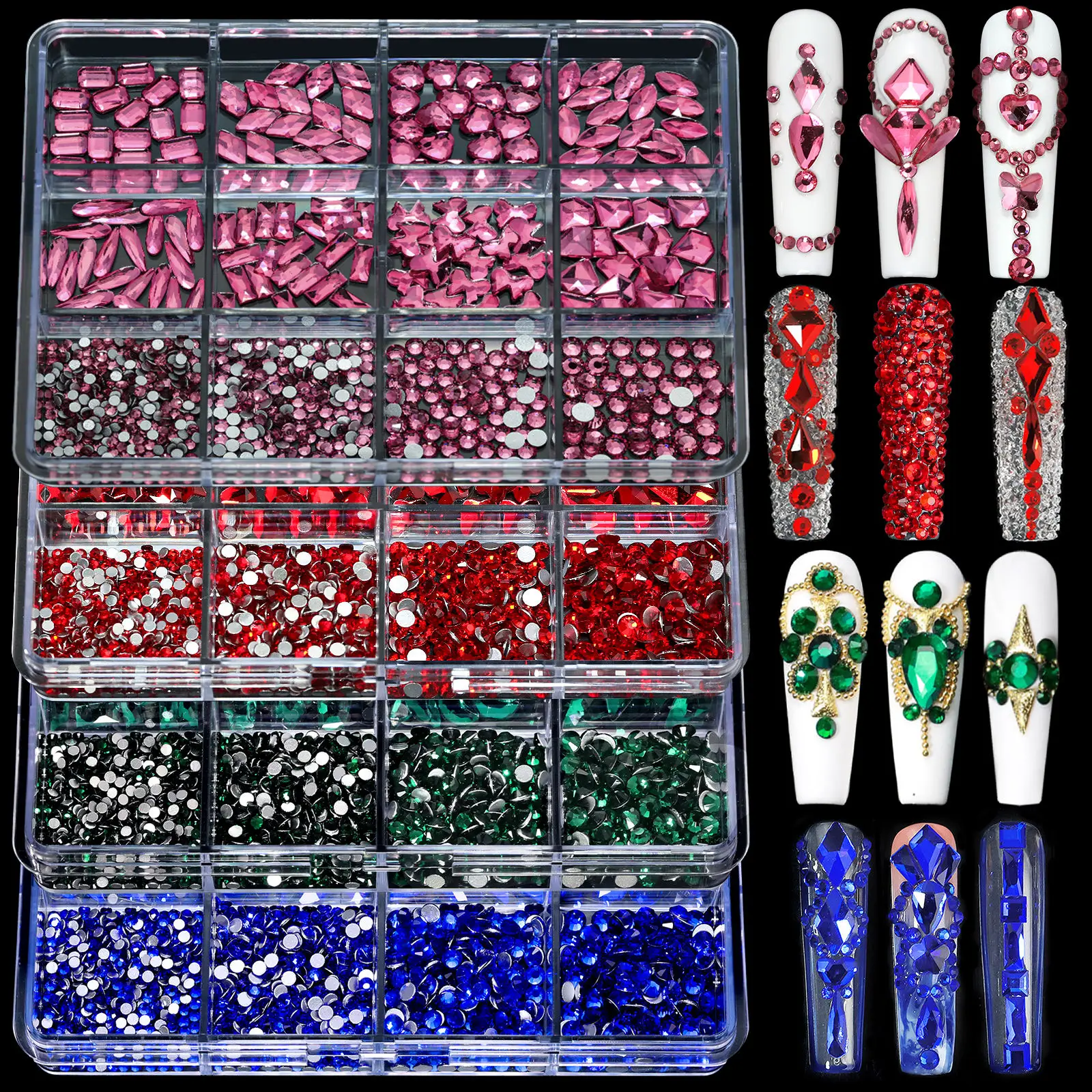 Hot Selling 12 Grid Nail Art Rhinestone SS6-SS16 Jewelry Ab Flat Back Nail Crystal Rhinestones Shaped Diamond Cover Box