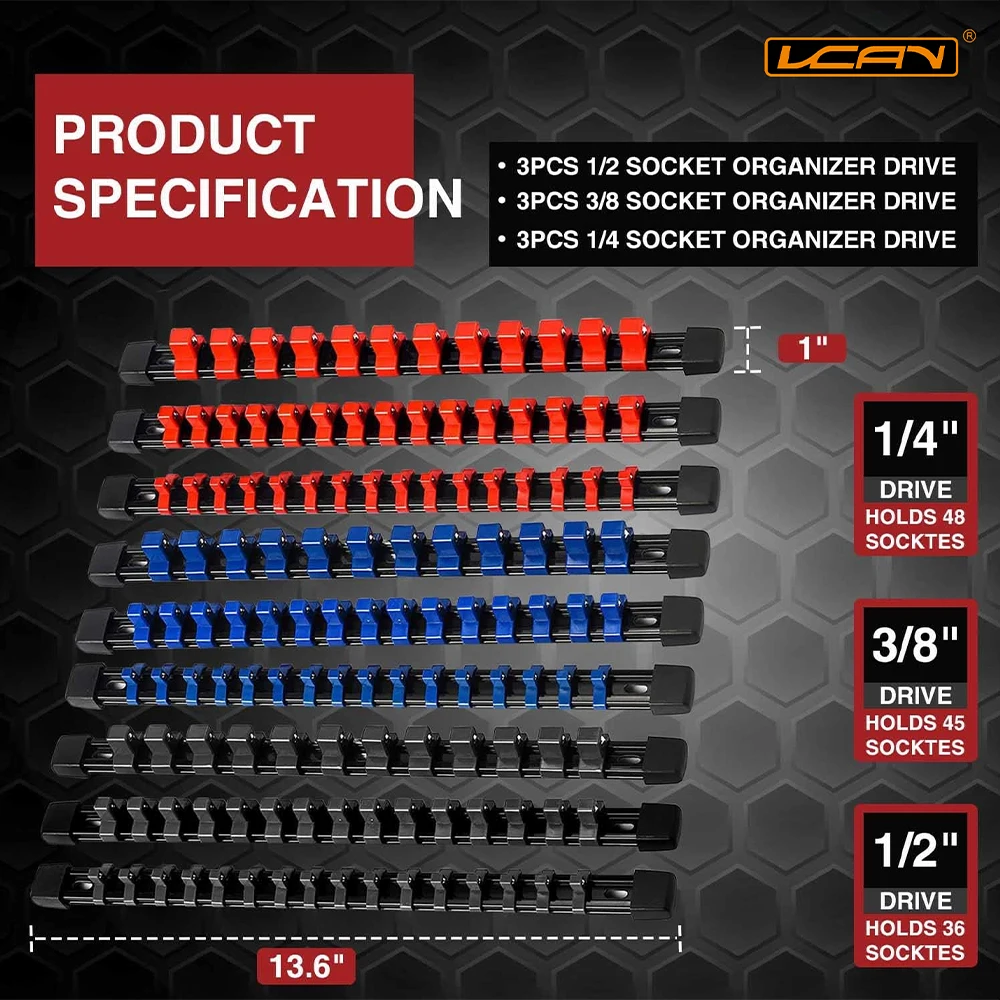 9-Piece Socket Tool Organizer Kit Standard Metric SAE 1/4 3/8 1 2 Inch Deep Size Holders for Socket Clips and Rails