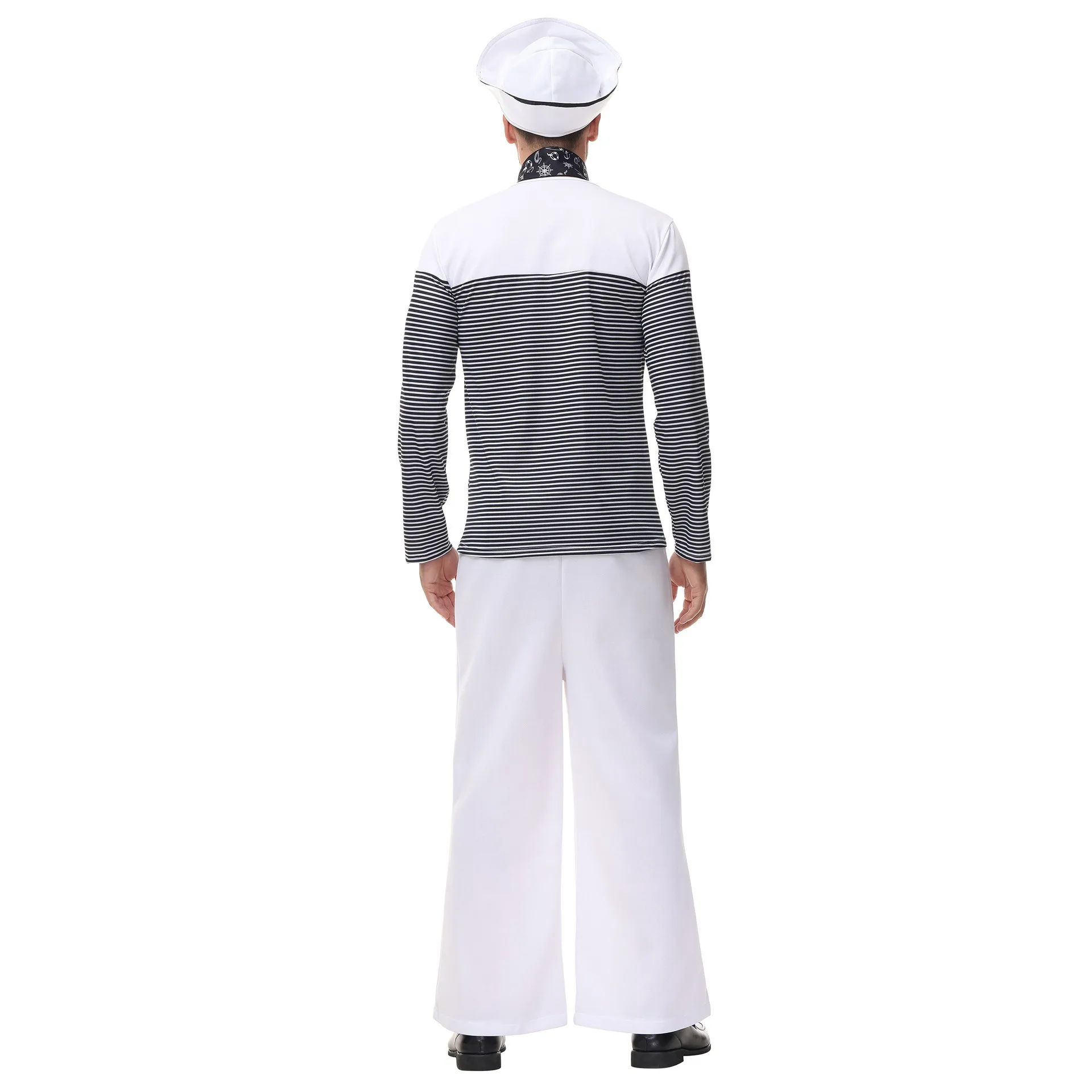 Adult Sailor Set with Black Stripes White Top Shorts Scarf White Sailor Hat Dress Costume