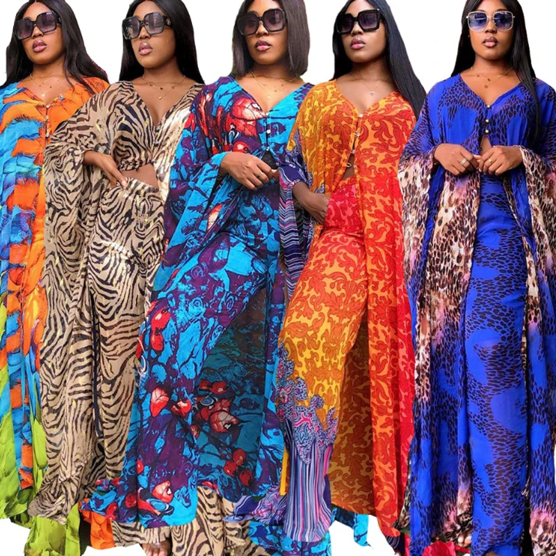 Printed Chiffon Long Cardigan Pants Two Piece Set African Clothes Women Fashion Suit