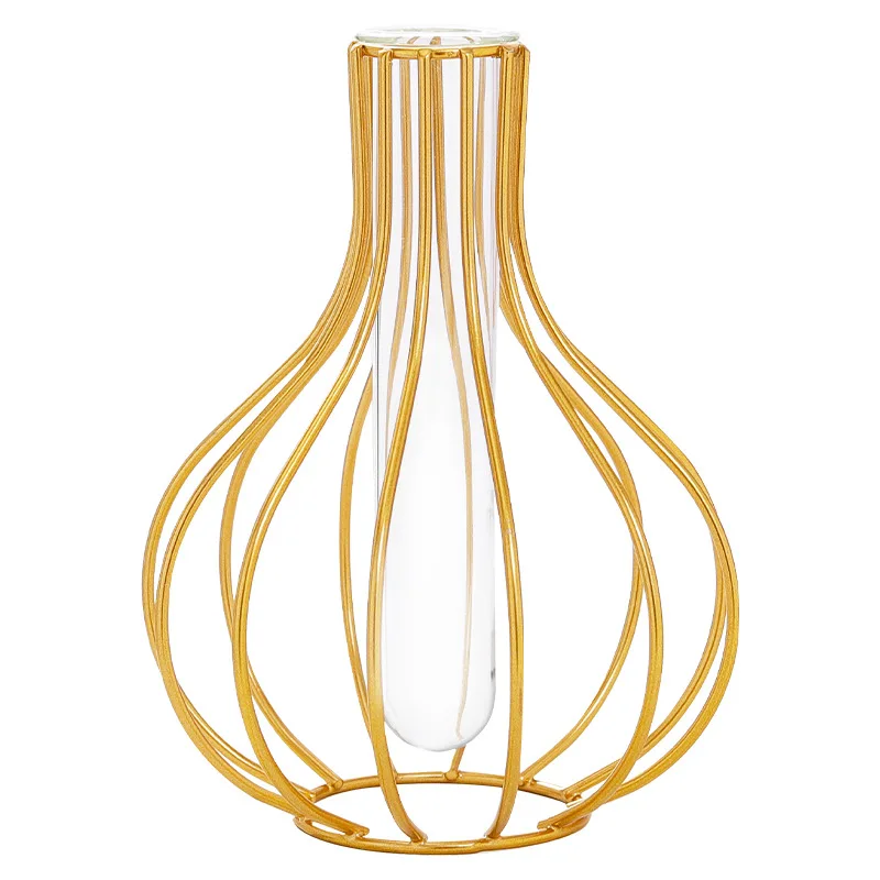 Wholesale wrought iron vase ornaments tube transparent glass home living room dry hydroponic flower arrangement decorat