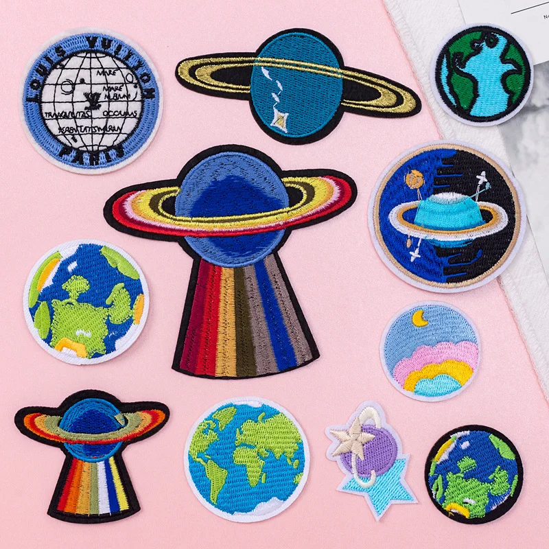 Custom 3d Embroidery Patches Decorative iron on Planet Embroidered Sticker Patch