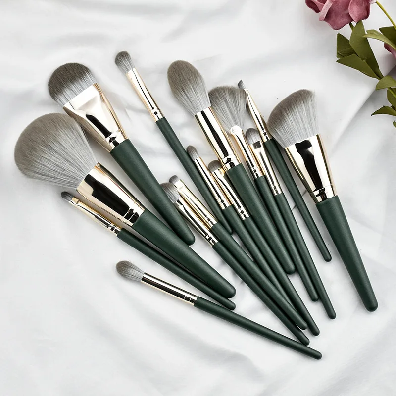 Professional Makeup Brushes Set 14pcs Dark Green Wood Handle Cosmetics Make up Tools Powder Contour Foundation Eyeshadow Brush