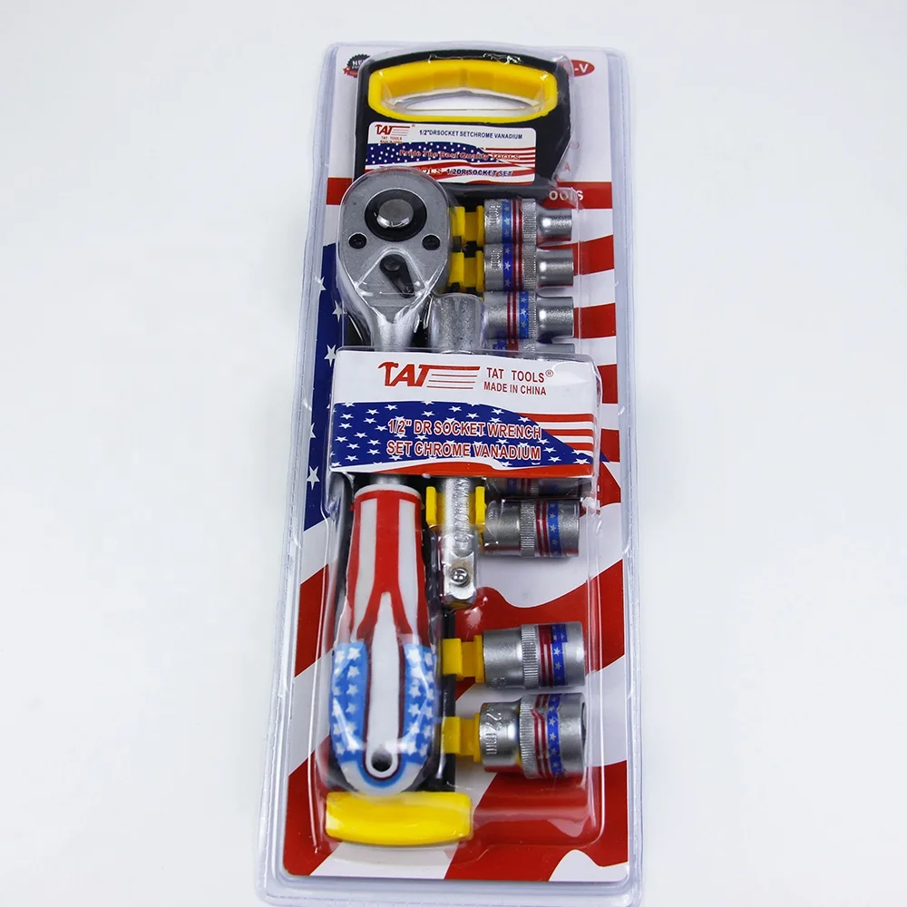 11PCS Ratchet Spanner Star Flag Chrome Vanadium 1/2 Inch DR Drive Socket Set With Plastic Holder