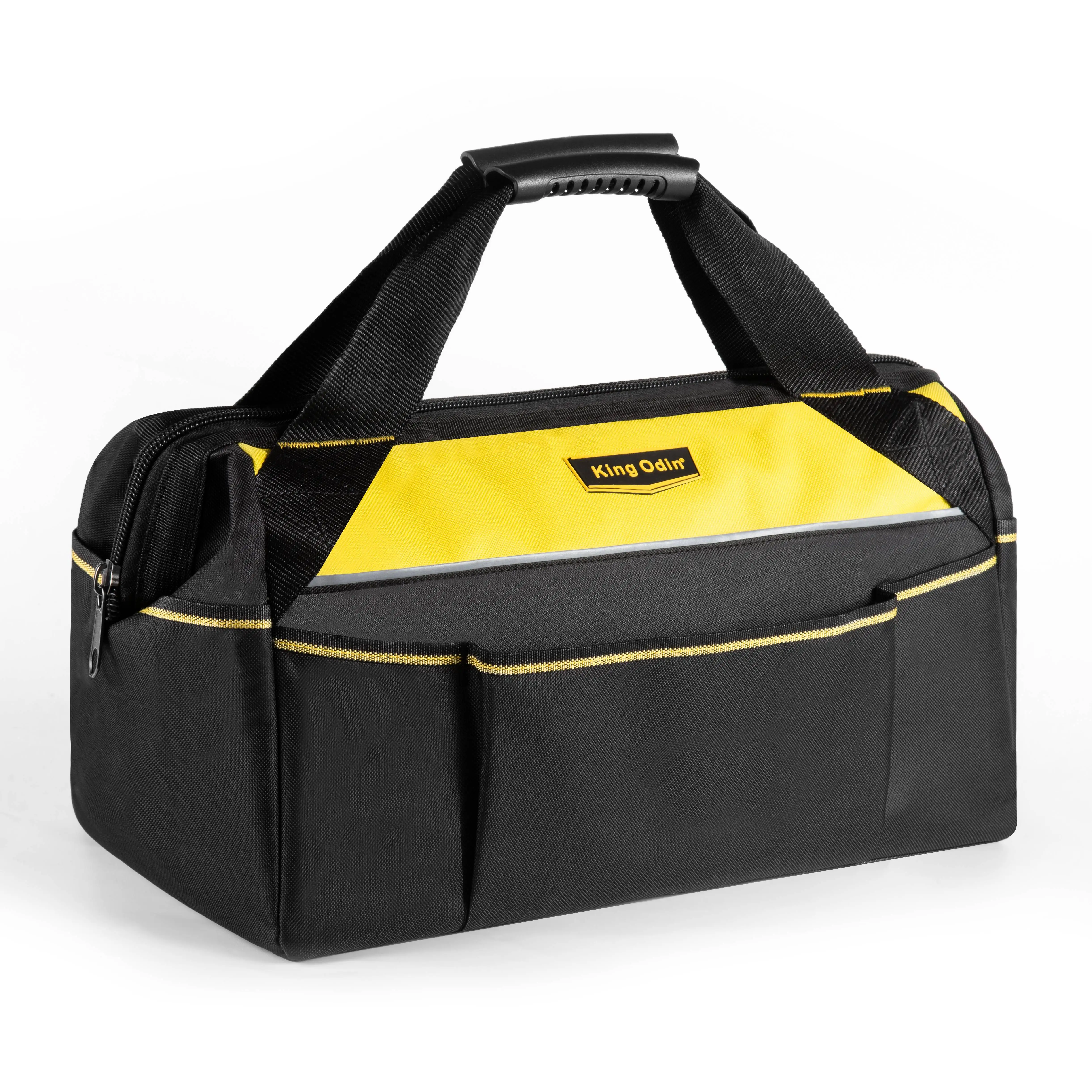 Heavy duty storage multifunctional tool bag, waterproof soft bottom, wide mouth tool kit, multi pocket handheld tool bag