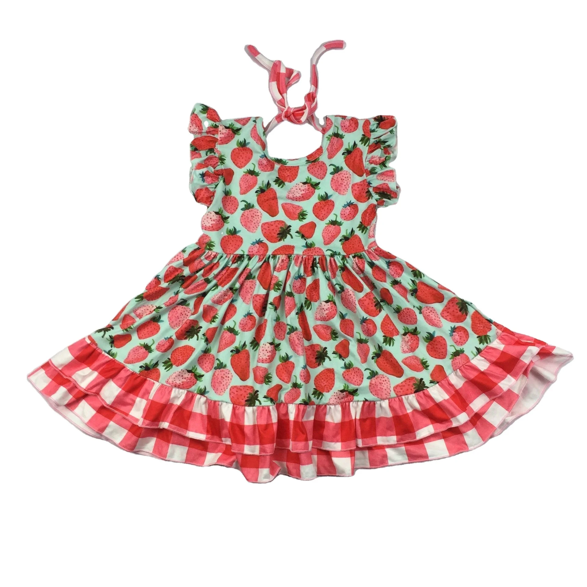 RTS New Coming Style Girls Smock Frocks Fly Sleeve Baby Twirling Dresses Strawberry Printing Toddler Clothings For Summer