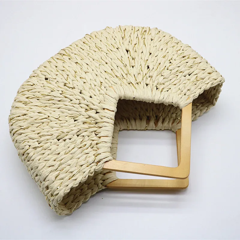 Wholesale Eco Friendly Lightweight Minimalist Handmade Woven Beach Beige Shoulder Wooden Handle Bag Straw Tote Bag