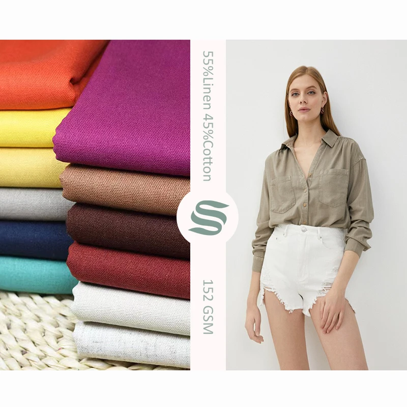 Fabric manufacturers 55% Linen 45% Cotton blended fabric solid dyed nature fabric breathable and cool for garment