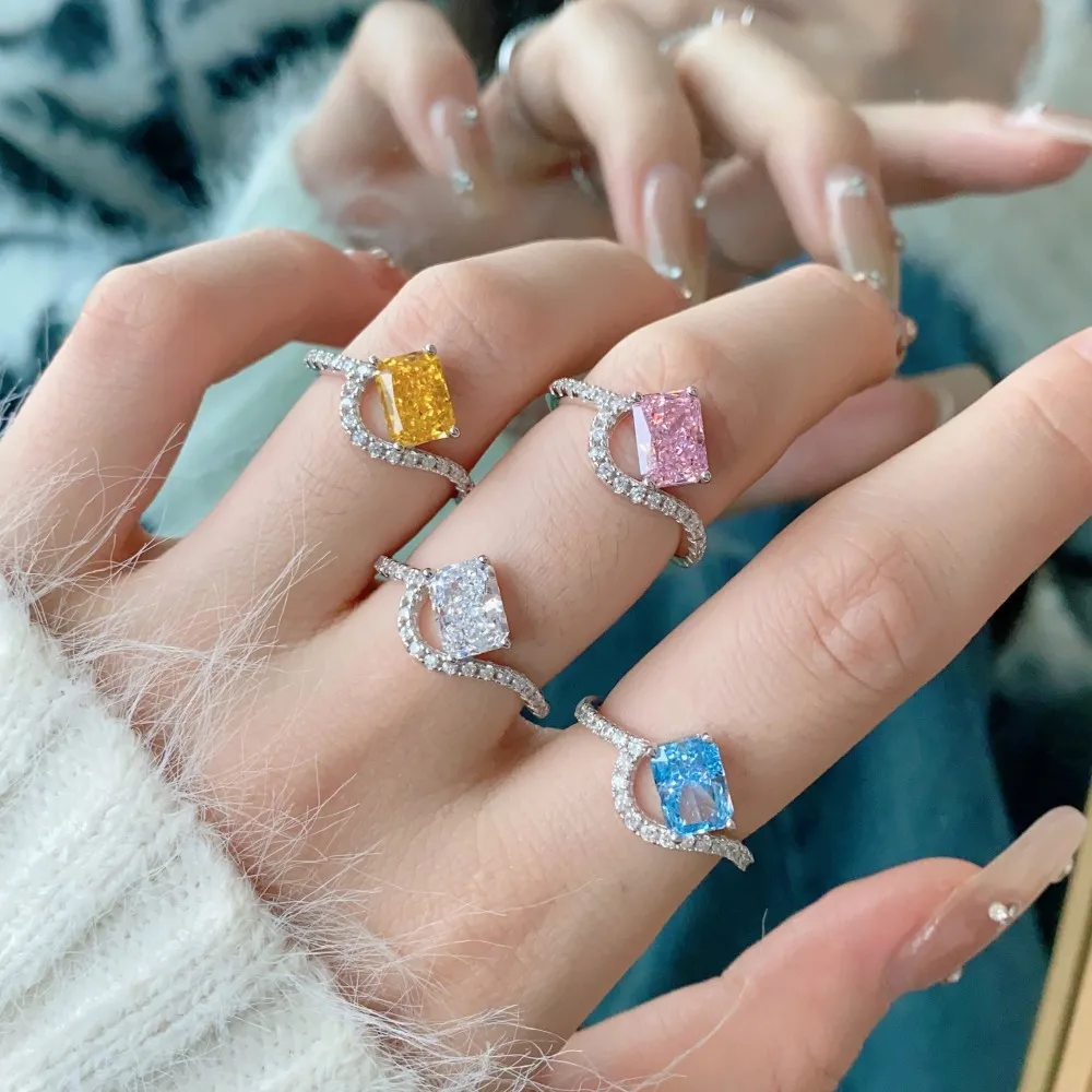 Hot Selling Colorful Fine Jewelry Square 925 Sterling Silver Rings Bridal Diamond Cubic Zirconia Wedding Jewelry Sets For Women