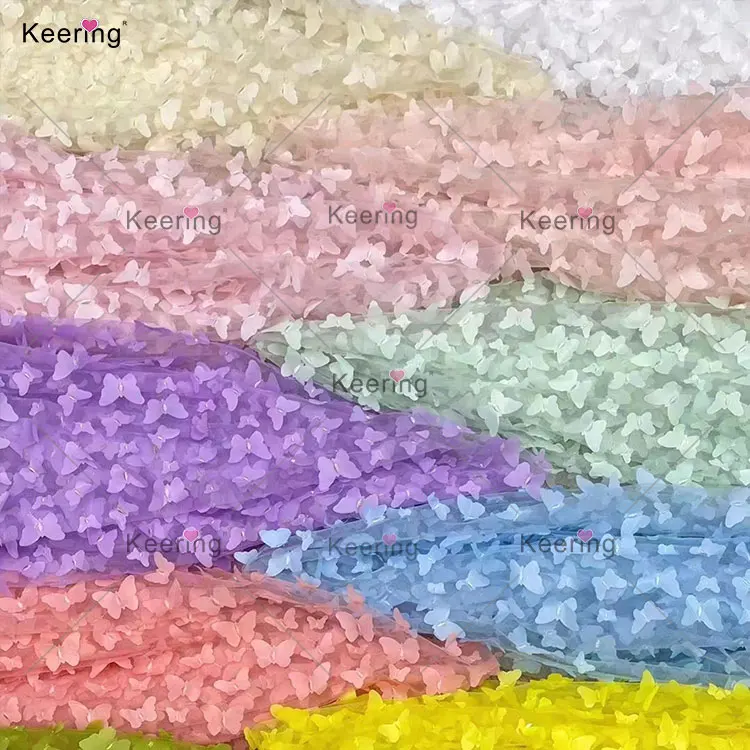 Keering China Wholesale Flower Embroidered Lace Butterfly Tulle 3D Air Mesh Fabric For Wedding Dresses