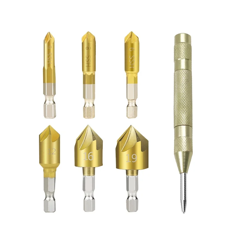 Hexagonal Shank Titanium Plated 5-Blade Chamfering Tool Woodworking Deburring Tool Automatic Center Punch Combination Set