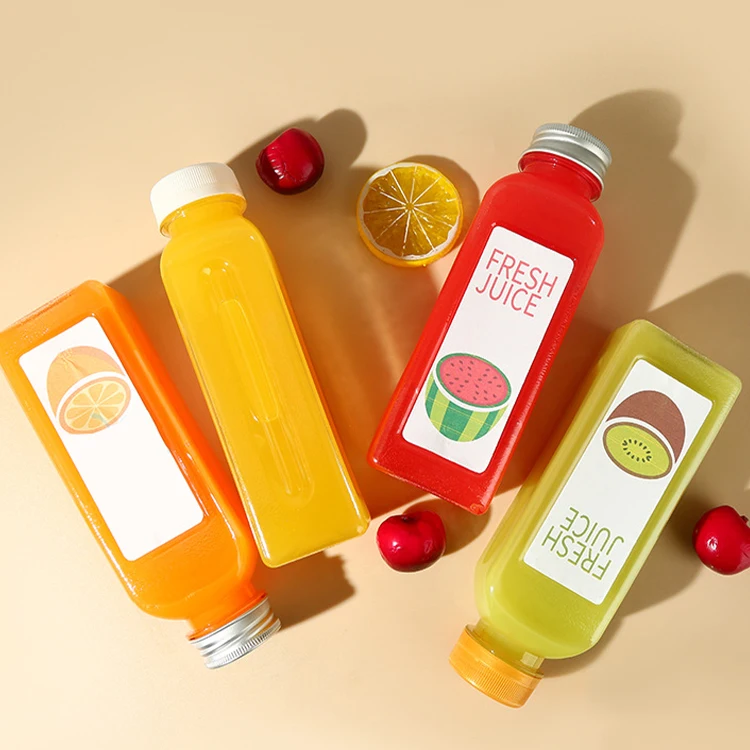 350ml 12oz fruit juice bottle with anti-theft cap - food grade plastic transparent square beverage bottle