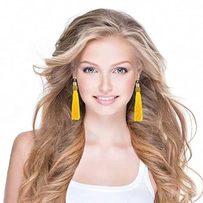 Tassel Earrings Layered Long Thread Ball Dangle Bohemian Tiered Drop