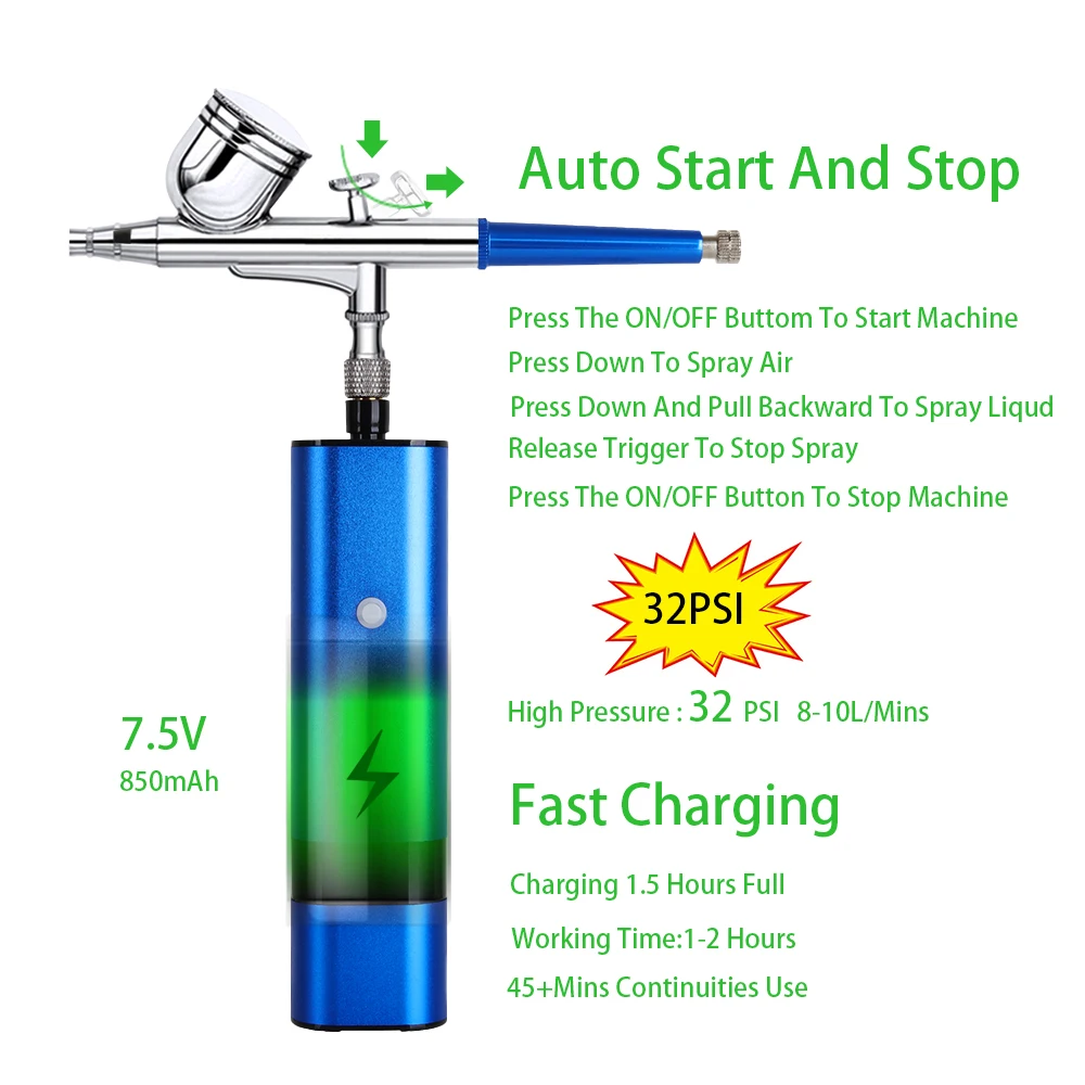 TM80S-130 Blue Color Cordless Air Brush With Compressor Kit Portable Airbrush Spray Pneumatic Tool With 1.2 M Hose
