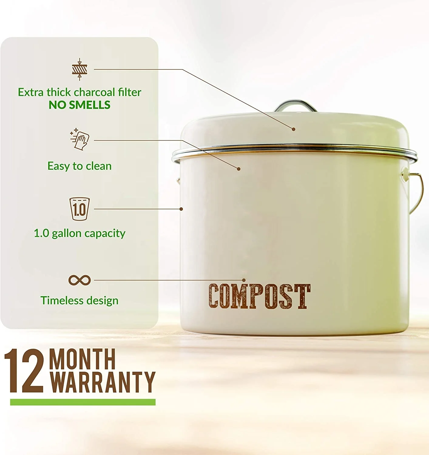 Galvanized metal recycling food waste kitchen compost pail compost bin with charcoal filter
