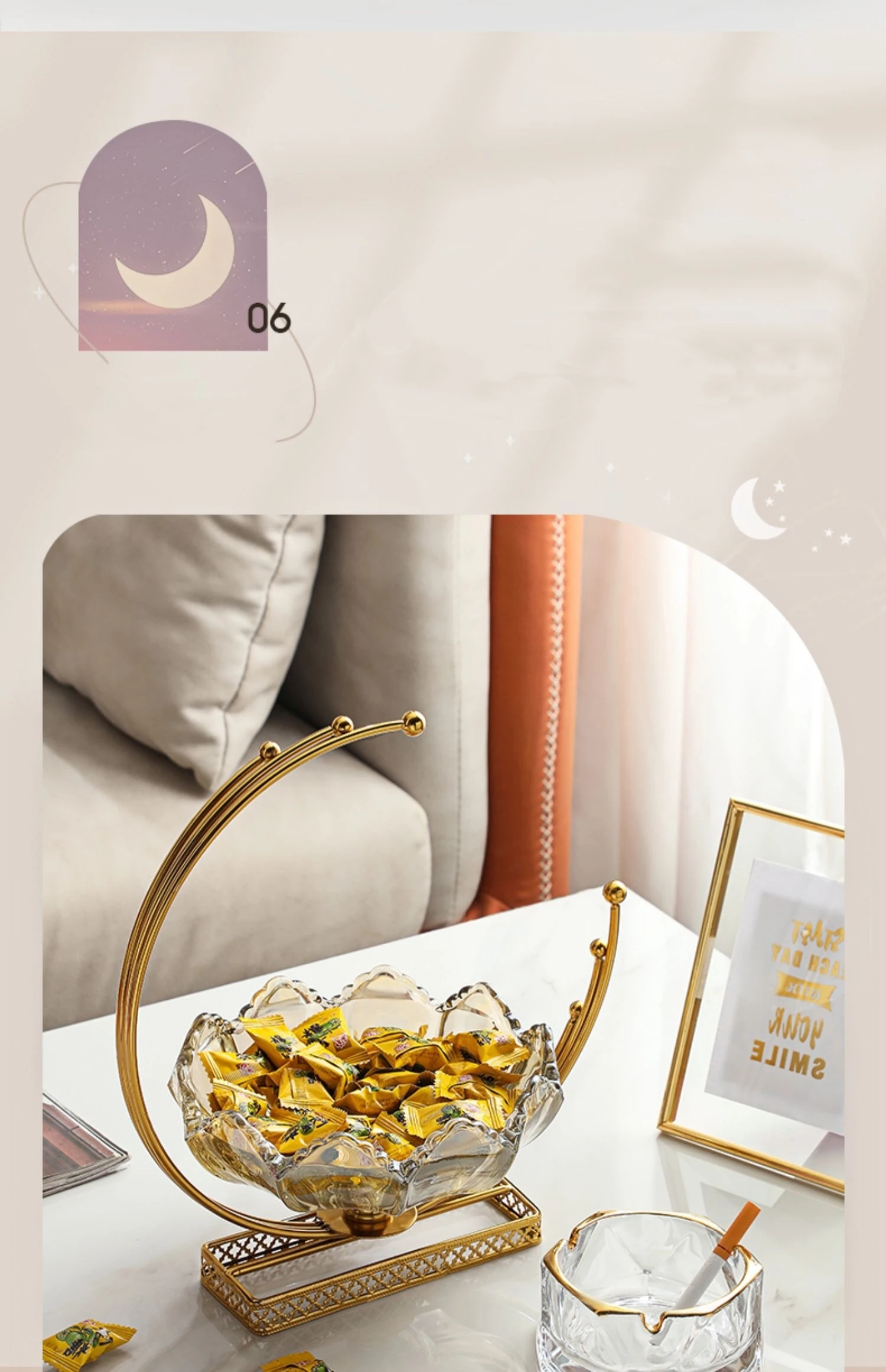 Golden Plated Decorative Table Display Moon Serving Tray Gold Glass and Metal Cake Desert Bowl Stand Fruit Plate