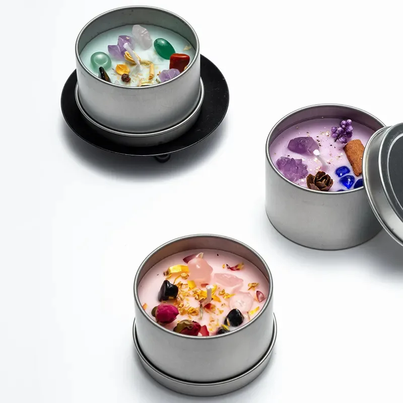 Hot Selling Dried Flower Candle With Crystals Wholesale Chakra Black Iron Tin Scented Candle For Wedding Gift Home Decoration