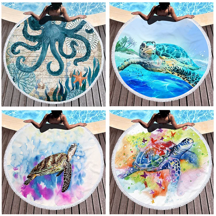 Fast Dry Sandy Free Large Custom Printed Octopus Sea Turtle Round Beach Towel for Adults