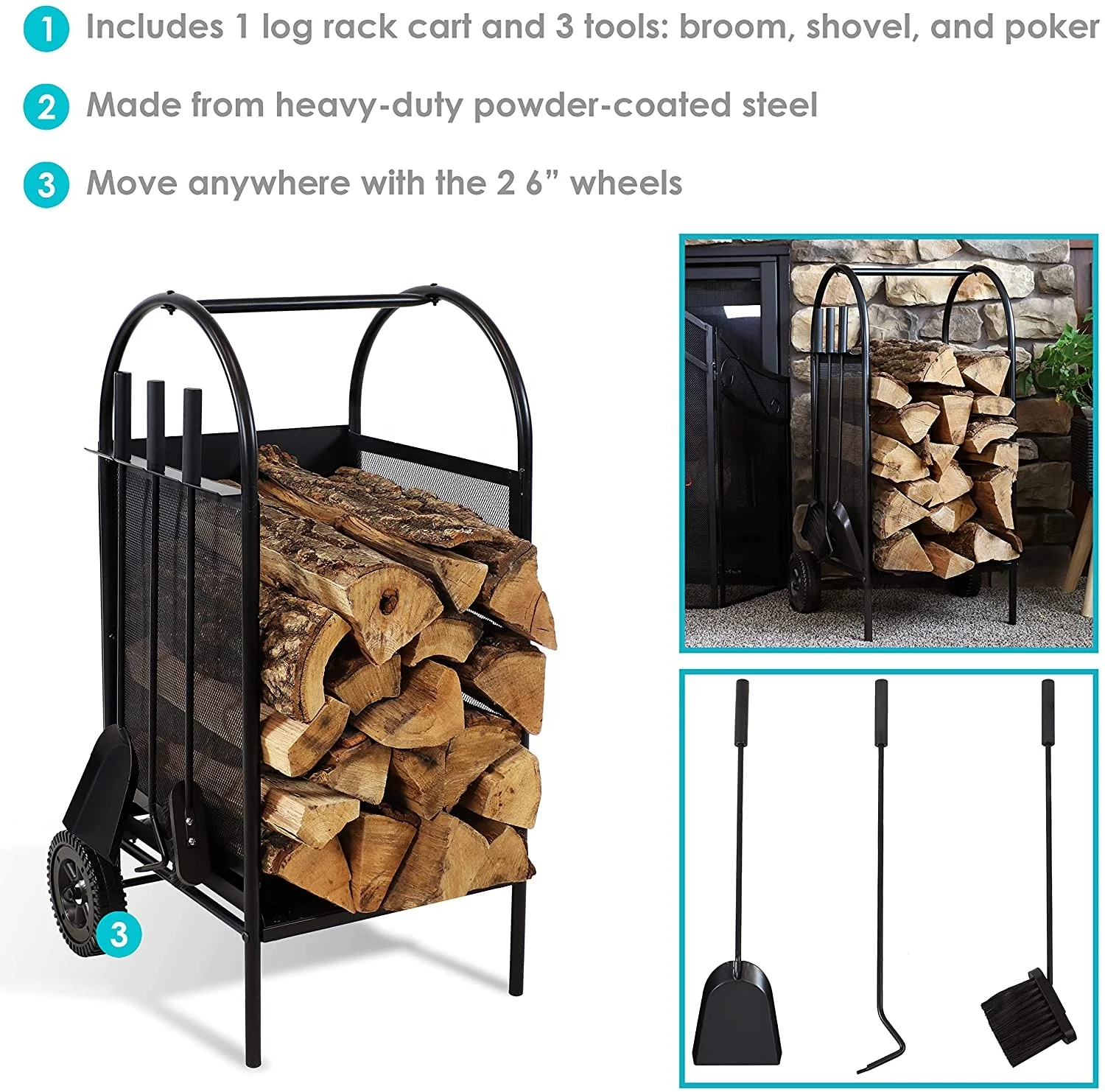 Indoor and Outdoor  Firewood Rack Cart with Wheels Fireplace Log Holder Carts with 3 Pieces Fireplace Tools Sets