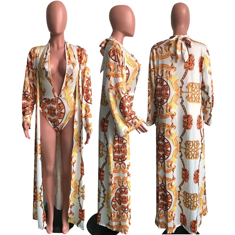 Sexy Bodysuits two pieces set women print long sleeve X-long cloak and deep o-neck bodysuit 2pcs beach tracksuit outfit