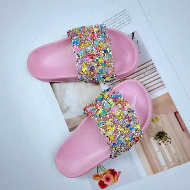 Fashion Indoor Outdoor Pink Neon Candy Color Kids Diamond Slipper Sandals For Girl