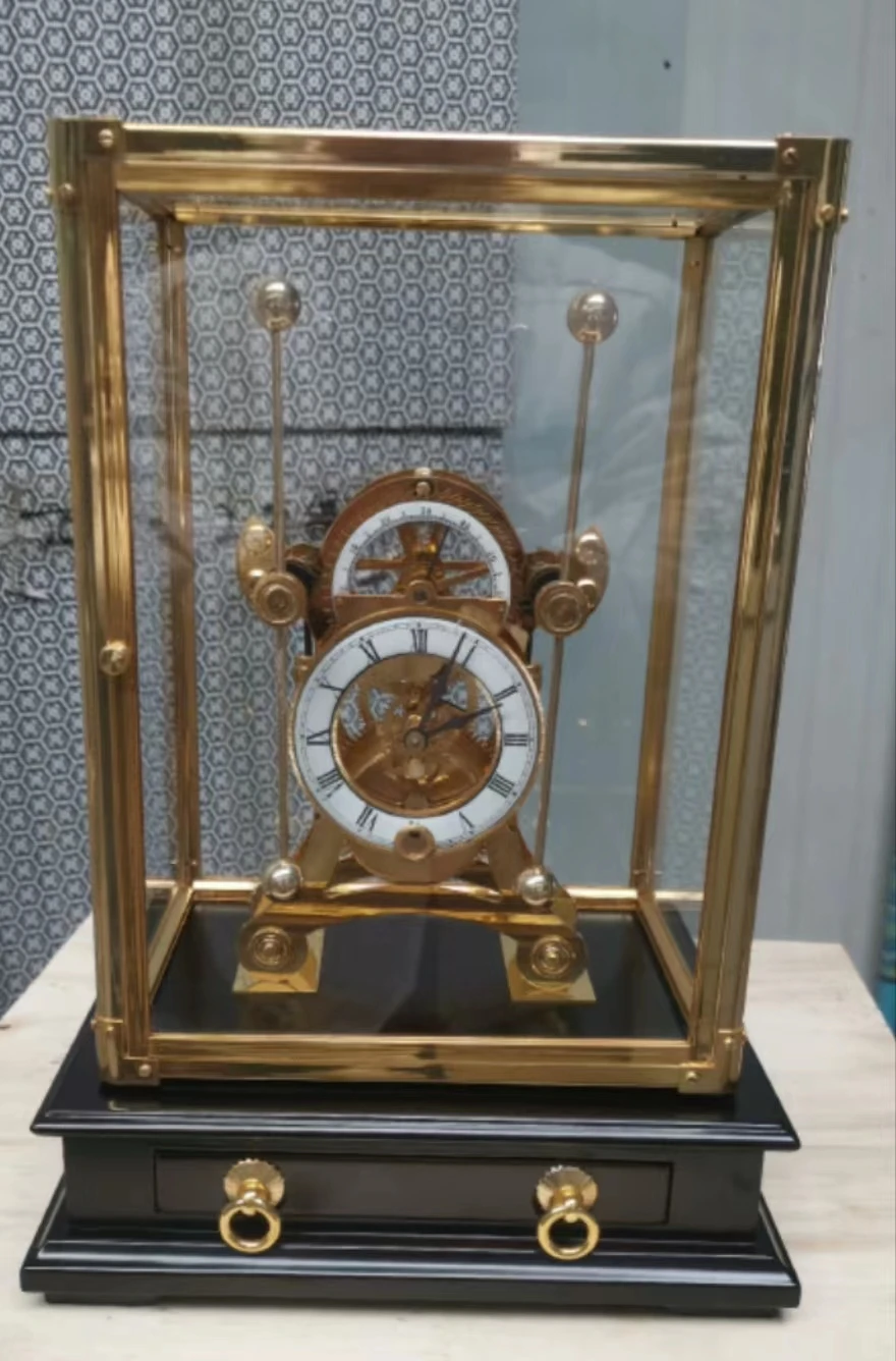 The Little  Antique Gilt Gold Plated  Polished Brass Mechanical Devon / skeleton/Grasshopper /Double Pendulum Table Sea Clock