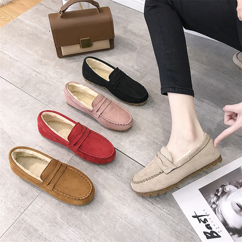 Soft Bottom Oxford Women Flat Shoes Casual Plush Warm Boat Shoe For Winter Office Hospital Work Shoes Loafers
