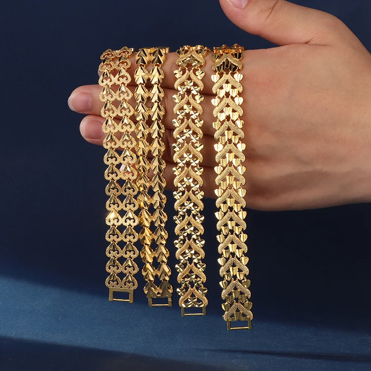 Haosen Jewelry Vietnam Sand Gold Wide Three Lines Heart 24k Gold Plated  Charm Bracelets for  Women